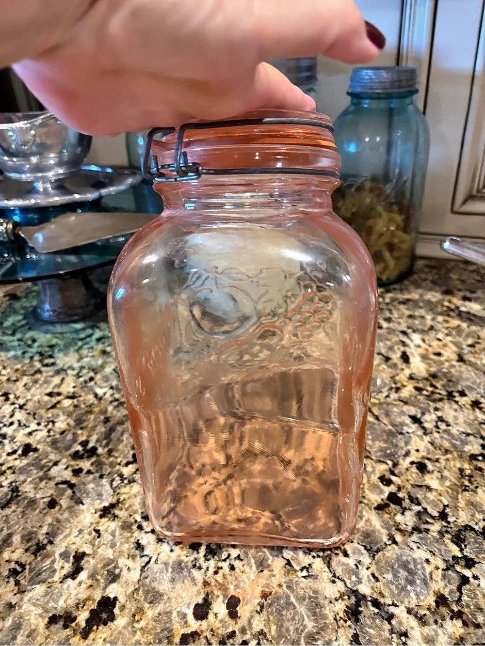 Vintage Pink Color Embossed Glass Storage Jar in Pink